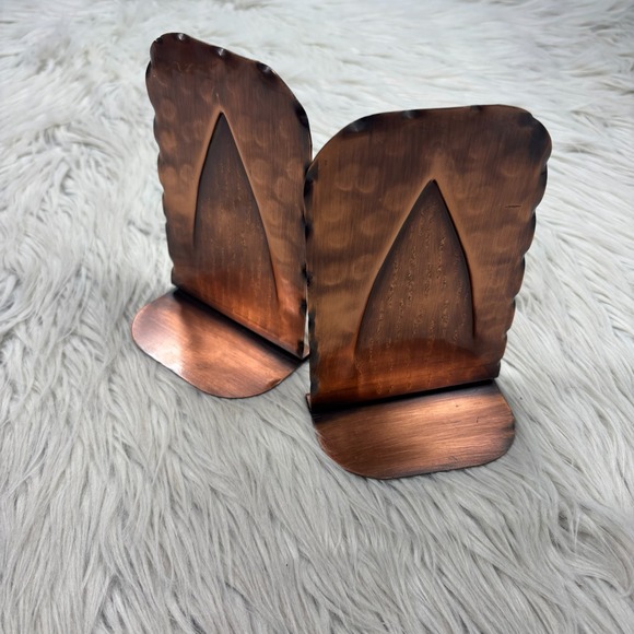 Vintage Pair Hammer Copper Book Ends Arch Cathedral Tombstone MCM Arts Crafts